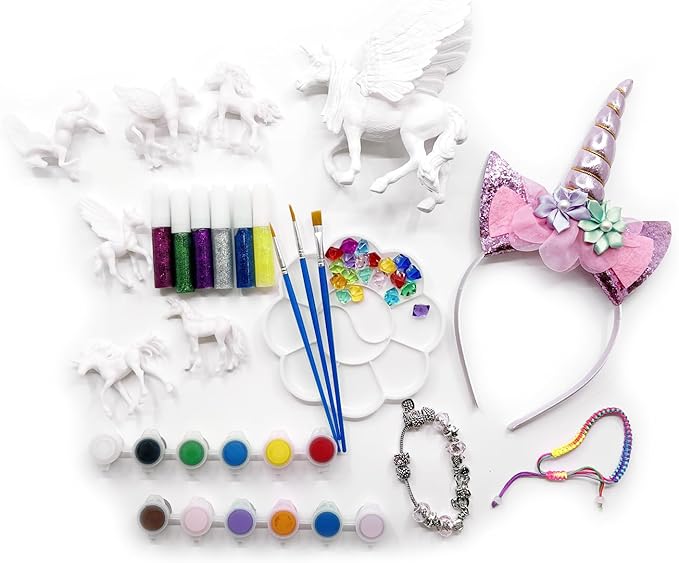 Magic Touches Kids Unicorn Painting Kit, DIY Arts & Crafts with Unicorns, Alicorns, Pegasus, Charm Bracelet, Headband and Gems, Perfect Party Gift Set for Girls Boys Artists Ages 5 to 12+