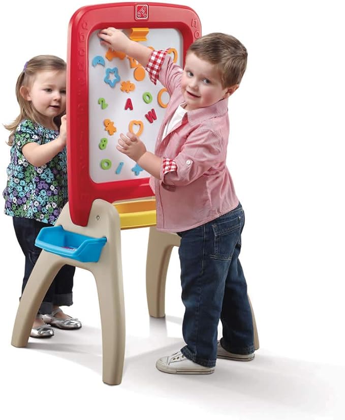 Step2 All Around Easel for Two, Kids Activity Table, Double-Sided Art Board, Made of Durable Plastic, Includes 94-Piece Soft Foam Magnets, For Toddlers 3+ Years Old