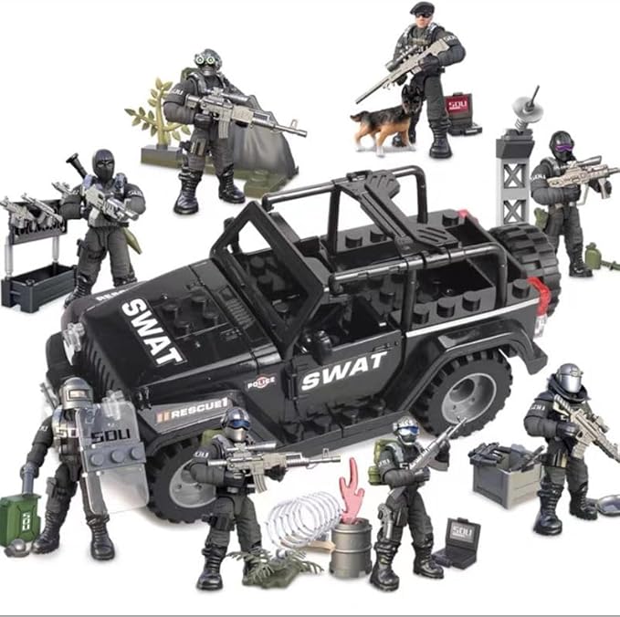 8 PCS Building Block City Policeman Mini-Figures with Multiple Military Weapons Accessories SWAT Equipment Military Vehicle Army Car Assembly Building Toys Gift for Boys