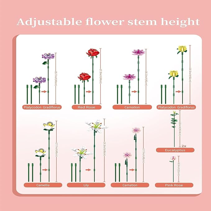 Adults Flowers Bouquet Building Set for Women, 10 Artificial Flowers, with Blocks Vase (730 Pcs)