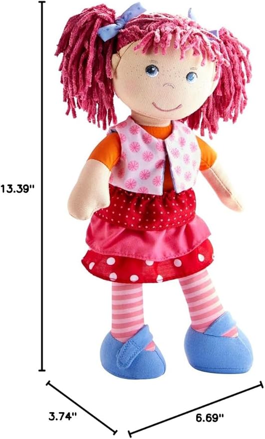 HABA Lilli-Lou 12" Soft Doll with Pink Hair in Pigtails, Blue Eyes & Embroidered Face, Machine Washable Baby Doll for Ages 18 Months+