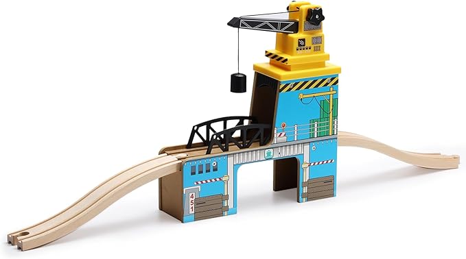 SainSmart Jr. Wooden Train Set Accessories, Magnetic Rotary Crane Set with Track for Kids Compatible with Thomas, Brio, Chuggington, Melissa and Doug
