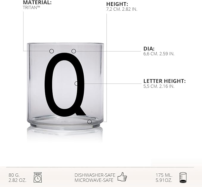 Design Letters Tritan Dinnerware Cups for Kids A-Z 6 Oz| Kids Glass Designed in Denmark for Baby feeding | Toddler Cup for Drinking | Unbreakable Tableware for Baby|Stackable Tumbler Cup BPA/BPS Free