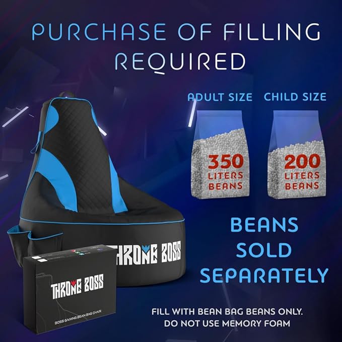 Gaming Bean Bag Chair for Adults [Cover ONLY No Filling] with High Back - Fun Gaming Sofa - Bean Bag Chairs for Adults and Teens - Dorm Chair - Gamer Beanbag Gaming Chair with Cup Holder (Black/Blue)