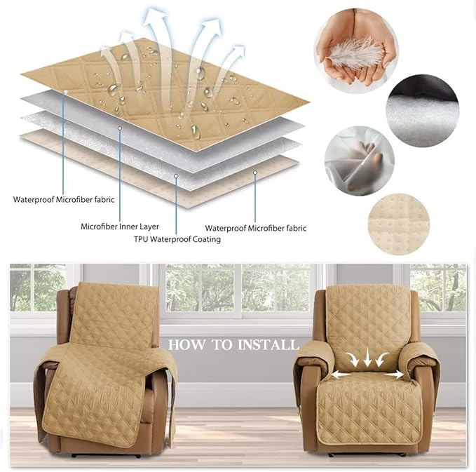 TOMORO Non-Slip Oversized Recliner Cover, 100% Waterproof Quilted Recliner Chair Slipcover Furniture Protector with Pockets, Washable Couch Cover with Elastic Straps for Kids and Pets