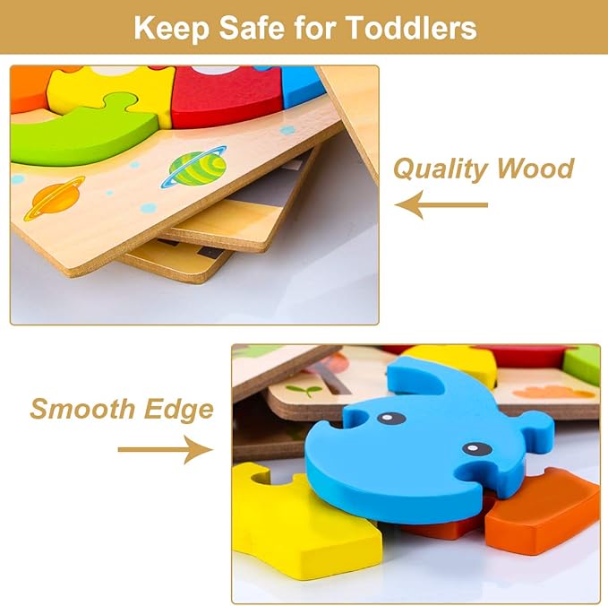 SKYFIELD Wooden Animal Toddler Puzzles for 1 2 3 Years Old Boys & Girls, Baby STEM Educational Toy Gift with 4 Animals Montessori Bright Color Shapes Learning Puzzles,Great Gift Ideas for 1-3