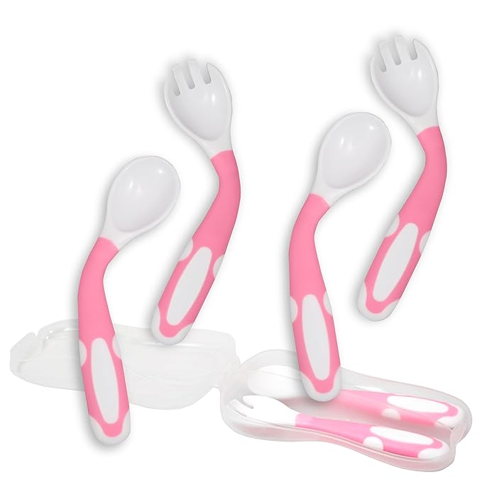 Bendable Baby and Toddler forks and spoons Utensils Silverware Set for Kids, 2 Sets (Pink/Pink) – Gum Friendly 2 Toddler Spoons and 2 Forks Self Feeding and Infant Baby Training and toddler silverware