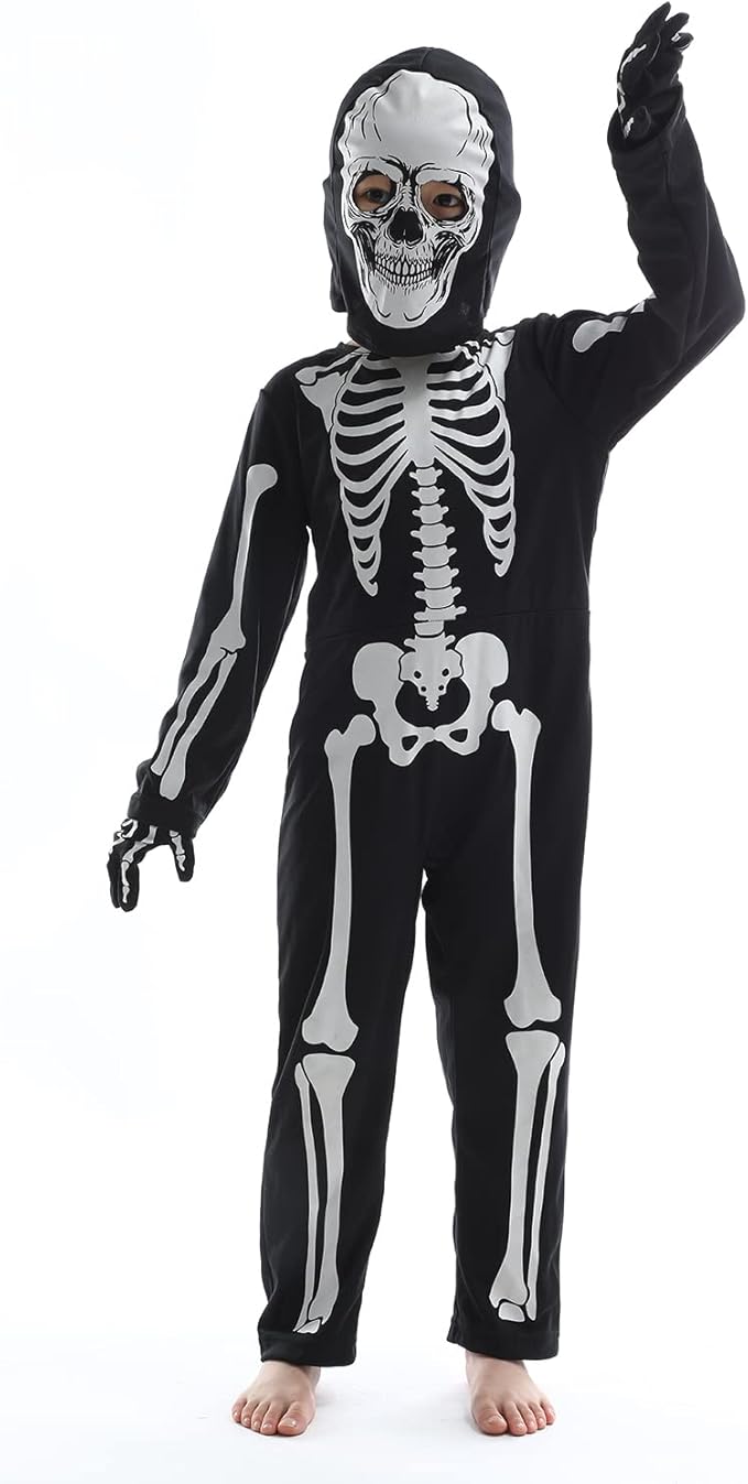 Leadtex Kids Glow in the Dark Skeleton Halloween Costume, All in One Skeleton Printed Jumpsuit with Hood and Gloves.