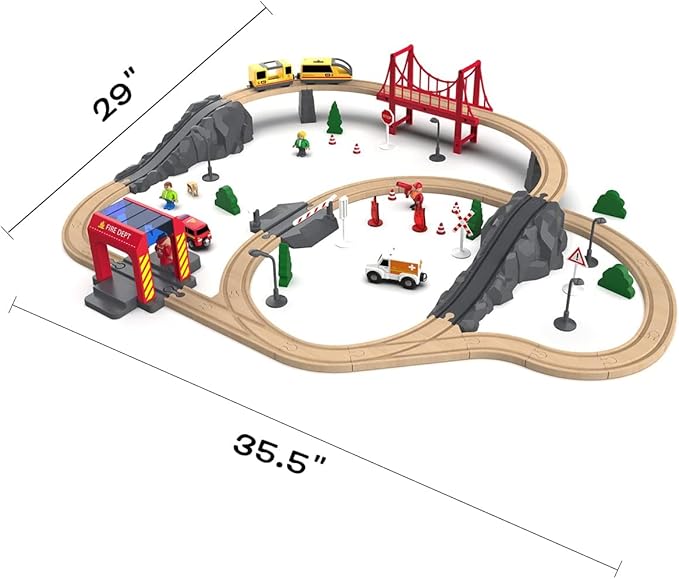 Giant bean 72PCS Fire Station Wooden Train Tracks & Train Set, Gift Packed Toy Railway Kits for Kids, Toddler Boys and Girls 3,4,5 Years Old and Up, Christmas Birthday Gift Toy for Kids