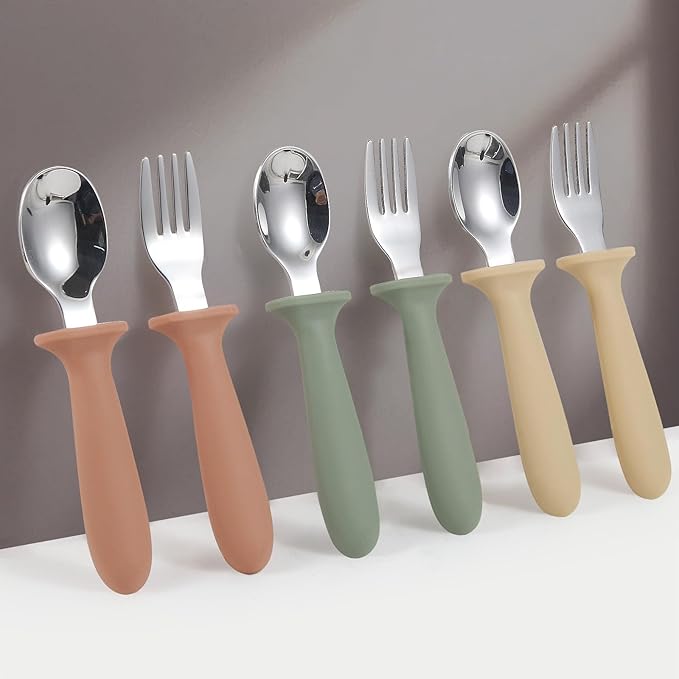 6 Pack Toddler Utensils, kids Silverware with Silicone Handle, 18/8 Stainless Steel Children Safe Spoons and Forks Set Baby Feeding Essentials, Dishwasher Safe