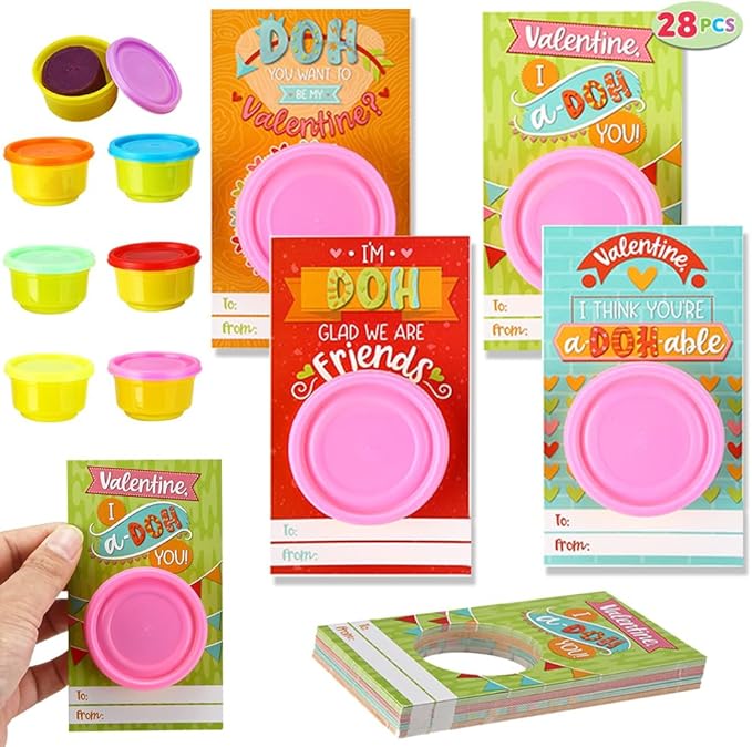JOYIN 28 PCS Valentine Day Gift Cards with Colorful Playing Dough for Kids Party Favors, Valentine's Classroom Exchange Prize