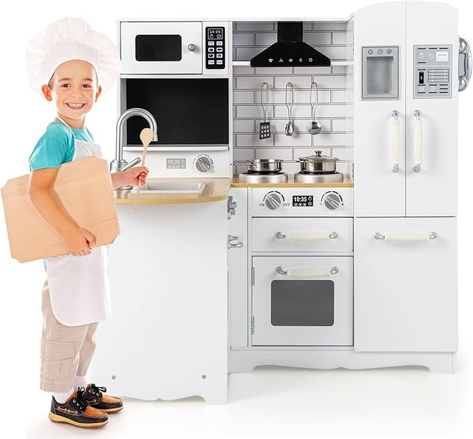 Kids Corner Play Kitchen, Wooden Toy Kitchen Set with Lights & Sounds, Pretend Play Kitchen for Kids with Kitchen Accessories,11-in-1 Toddler Kitchen Gifts for Ages 3+