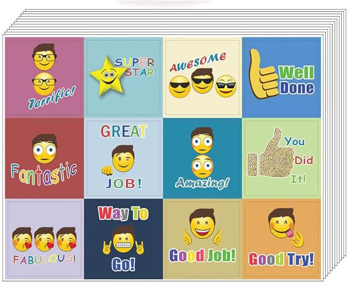 Creanoso Emoji Encouraging Words Stickers (10-Sheet) – Total 120 pcs (10 X 12pcs) Individual Small Size 2.1 x 2. Inches, Waterproof, Unique Personalized Themes Art Decal for Boys & Girls, Children