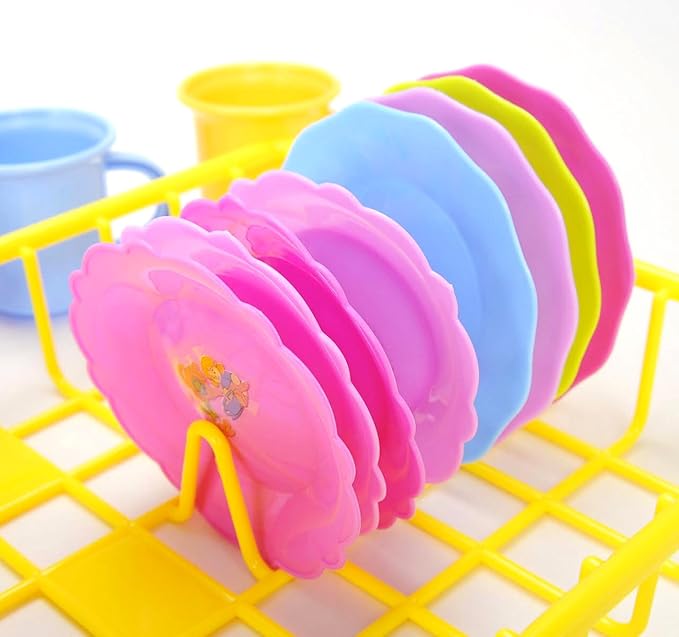 PowerTRC Kids Pretend Play Dishes Playset, Durable Kitchen Toys and Tea Set for Children, Wash and Dry Tea Playset with Dish Rack and Accessories (27 Pieces)