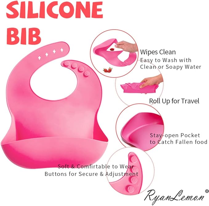 RyanLemon Baby Feeding Set, Baby Flatware Sets, Silicone Baby Led Weaning Set, Suction Plate and Bowl, Pocket Bib, Spoon Fork, Toddler Flatware Set for Babies 6 Months+, Dark pink