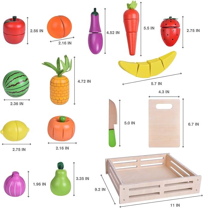 FUN LITTLE TOYS 35PCS Wooden Play Food for Kids Kitchen, Pretend Cutting Food Toys with Wooden Tray, Dishes and Knife for Kids, Pretend Play Food for Christmas Birthday Gifts