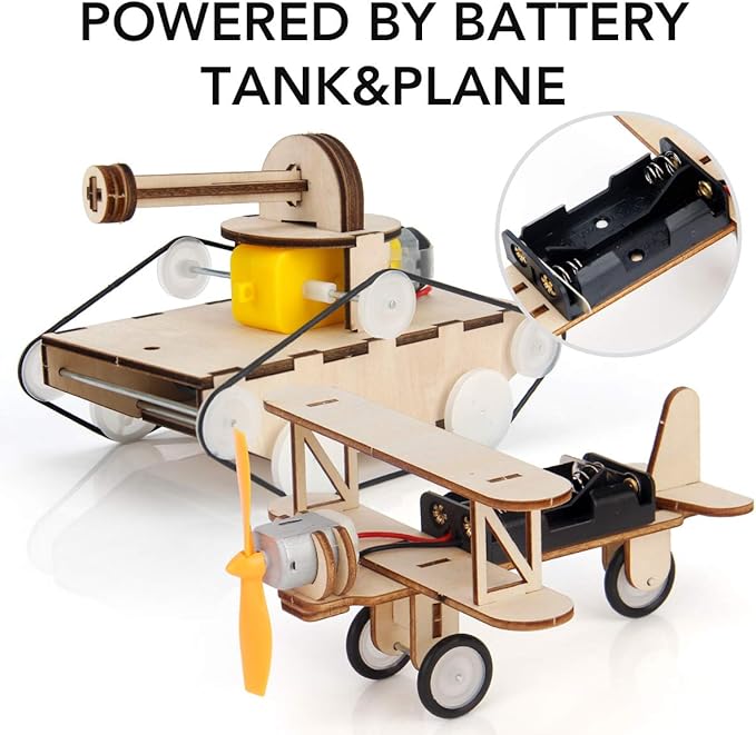 Mini Tudou 3D Wooden Puzzle Solar Car, 3-in-1 STEM Science Kit Toy to Build Wood Models Including Solar Power Vehicle Electronic Tank and Plane Toys Set, DIY Educational Play Set for Kids Boys Girls