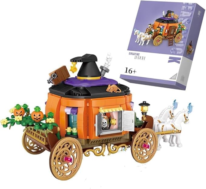 Street View Halloween Haunted House Bricks Model Set, 839Pcs DIY Halloween Pumpkin Carriage Building Block Assembly Mini Particle Construction Toy