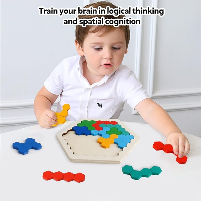 Skrtuan Wooden Blocks Puzzle for Kid Adults Brain Teaser Hexagon Puzzles Games Toy Shape Pattern Block Tangram Geometry Logic IQ STEM Montessori Educational Gift for All Ages Boys Girls Challenge