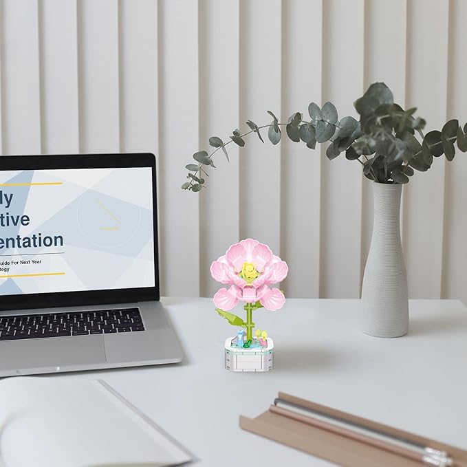 Flower Bouquet Building Set with Base, Flower Building Set Artificial Plant Flowers Building Blocks for Home Office Decor, Birthday Gifts, Desktop Trinkets Age 6+