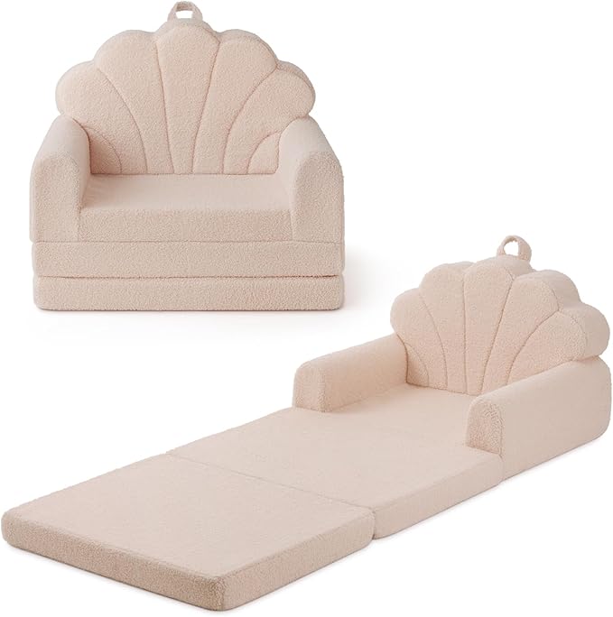 Blissful Diary Kids Couch, 2-in-1 Soft Toddler Couch Fold Out, Toddler Chair Comfy, Convertible Sofa to Lounger with Cute Shell Designs, Beige
