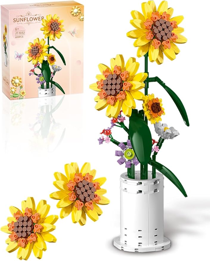 Sunflower Building Block Set, Flower Bouquet with Vase Building Toys, Party Gift Favor for Adults Teens Kids Girls Boys