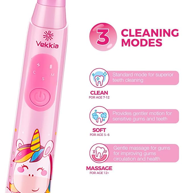 Vekkia Sonic Rechargeable Kids Electric Toothbrush, 3 Modes with Memory, Fun & Easy Cleaning, 24000 Strokes, IPX7 Waterproof, 2-Min Timer for Age 5+, 4 Soft Bristles(Pink)