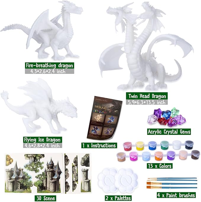 ARTLYMERS Kids Crafts, DIY 3D Dragon Painting Toys with 13 Color Educational Toy Painting Set Paint Your Own Gift Art and Craft Kit for Kids Boys Girls 3 4 5 6 7 8 9 Year Old