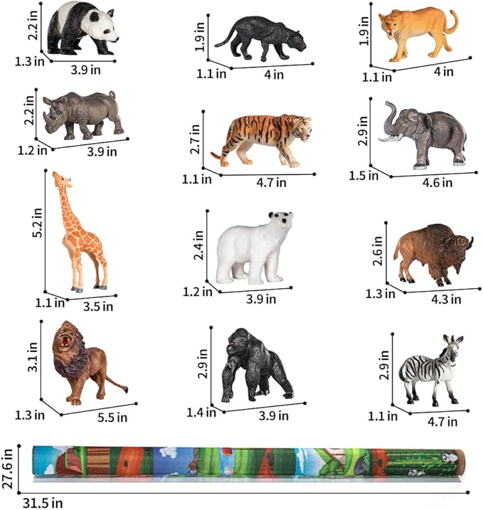 TEMI 12 Pack Zoo and Safari Animal Toys for Kids 3-5 Years, Jungle Wild Animal Figures Playset Including Lion, Tiger, Panda and A Playmat, Dinosaur Toys, Party Toys for Toddlers Boys and Girls