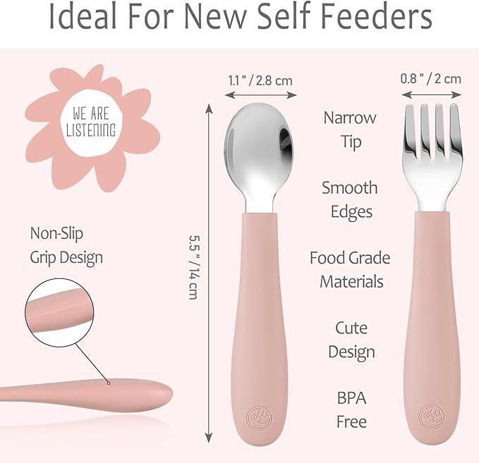 CoixFoam 8 Pieces Toddler Utensils, Toddler Safe Silverware Set With Food Grade Silicone Hanlde, 18/8 Stainless Steel, Perfect Length For New Self Feeders, Dishwasher Safe