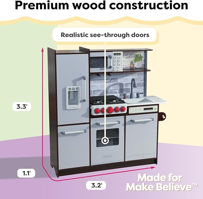 KidKraft Uptown Elite Espresso Play Kitchen with EZ Kraft Assembly™, Lights and Sounds, Working Ice Maker and Click and Turn Knobs, Gift for Ages 3+