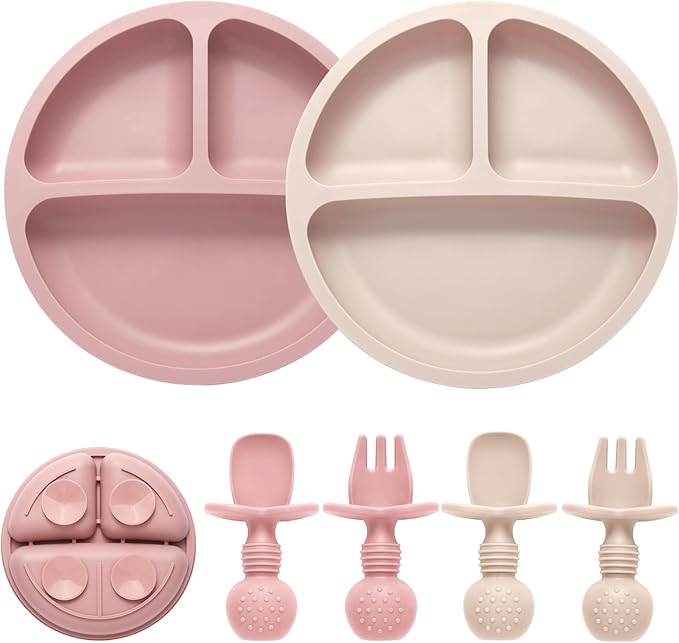 Silicone Baby Feeding Set, 2 Pack Divided Toddler Plates with Suction, 2 Pack Spoons and Forks Set, BPA Free, Baby Led Weaning Supplies for Baby Utensils Baby Eating Essentials