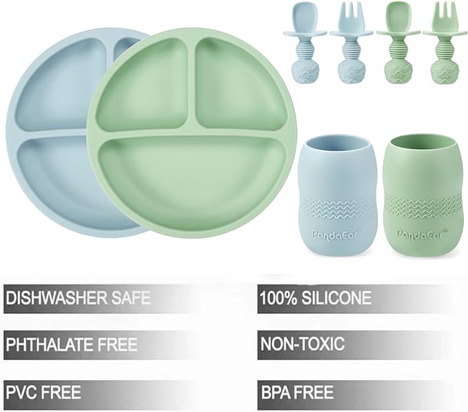 PandaEar Silicone Baby Feeding Set| 2 Pack Silicone Divided Suction Plate and 2 Pack Tiny Cup with 2 Spoons 2 Forks| Baby Led Weaning Supplies Self Feeding Eating Utensils (Blue/Green)