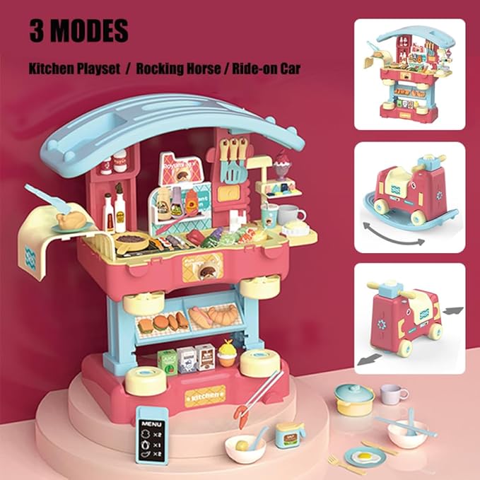 Kitchen Playset, 3 in 1 Kitchen Pretend Play, 68 PCS Realistic Cooking Accessories, Sounds, Lightnd, Running Water，Ideal Gift for Boys and Girls