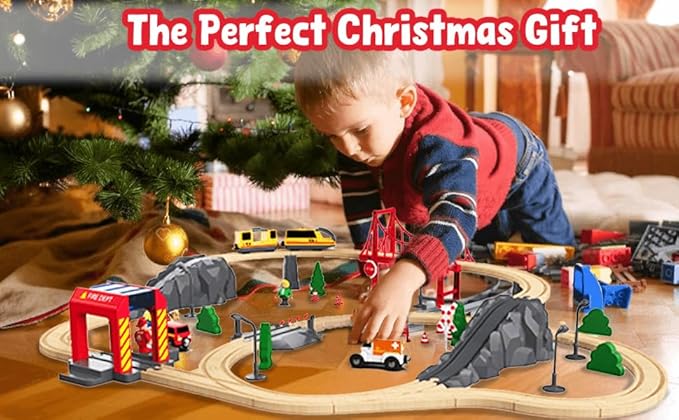 Giant bean 72PCS Fire Station Wooden Train Tracks & Train Set, Gift Packed Toy Railway Kits for Kids, Toddler Boys and Girls 3,4,5 Years Old and Up, Christmas Birthday Gift Toy for Kids
