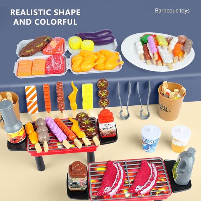 80 PCS BBQ Grill Playset Toy Barbecue Kitchen Cooking Playset, Interactive Grill Play Food BBQ Accessories Set for Girls Boys Toddler Play Cooking Set for Toddlers 1-3 Cooking Toys for Kids Ages 4-8
