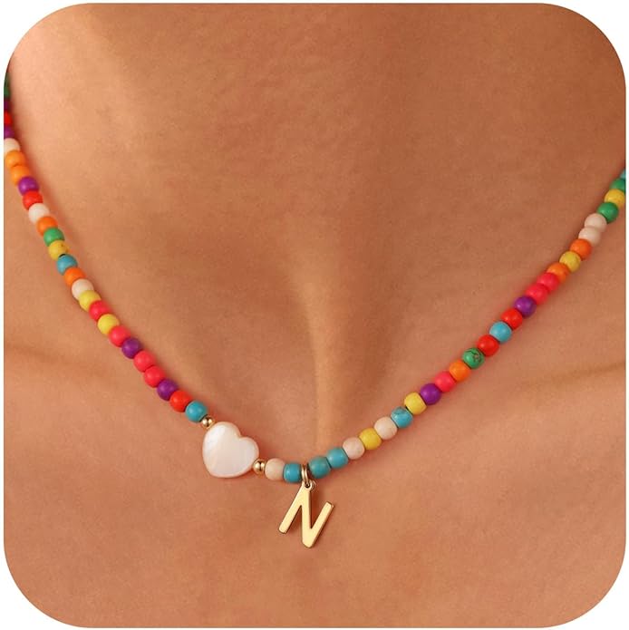 Ursteel Colorful Initial Cute Necklaces for Girls - Trendy Beaded Choker Necklace for Women Teen Girl, Handmade Letter Necklace Gifts for Women Girls Jewelry