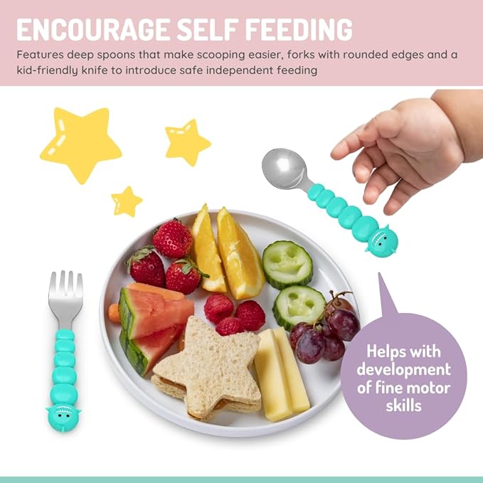 melii Toddler and Kid Feeding Spoon & Fork Set, Stainless Steel – Bulldog, Cat, Shark, Bear– BPA Free, Dishwasher safe (Bear & Shark 4pc)