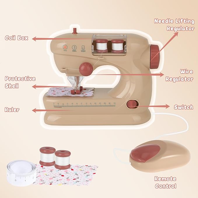 deAO Sewing Machine for Beginner, Safe Small Sewing Kit with Music Pre-Threaded Thread Fabric, Pretend Play Arts and Crafts Toys Gift for Kids Ages 8-12 Childrens Girls Boys for Birthday Christmas