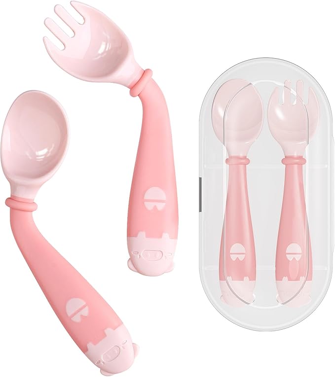 Deejoy Toddler Utensils with Travel Case, Baby Spoons and Forks Set for Self Feeding, Silicone Bendable Handle, Easy Grip Heat-Resistant, Self-feeding Flatware Sets for Kids (Stage 2) Pink