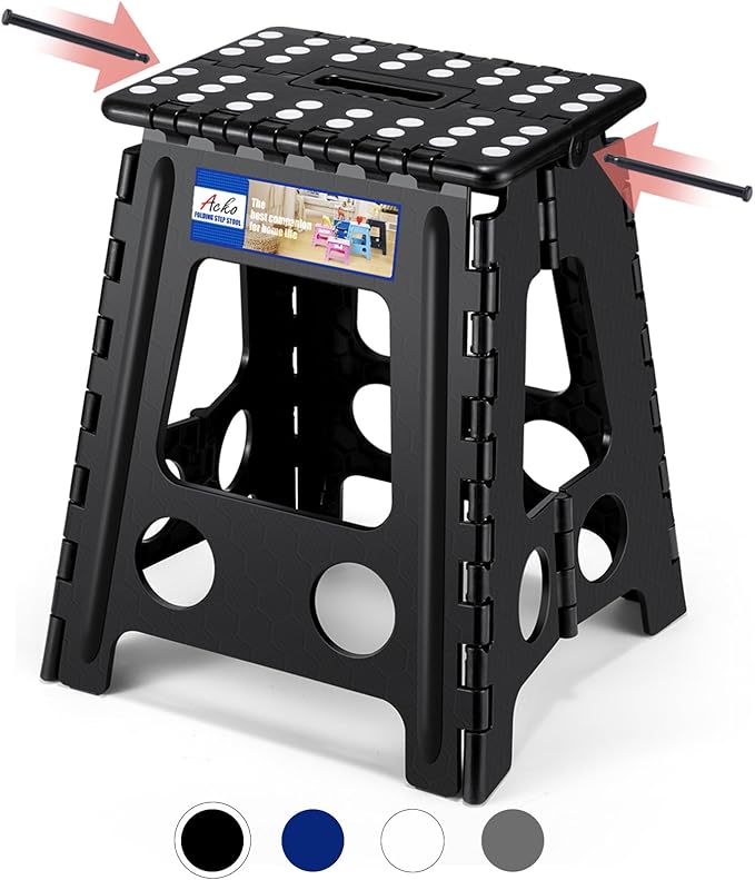 ACKO Folding Step Stool Foldable 16 Inch Stool 400 lbs Capacity,Plastic Stools for Adults and Kids,Collapsible Stool for Kitchen, Stepping Stool with Handle,Black,1 PC