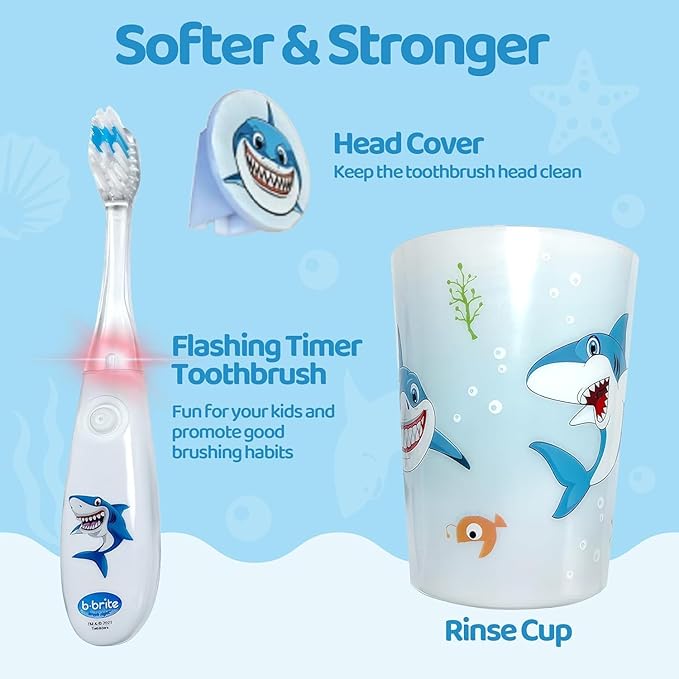 Lily's Home Kids Flashing Timer Toothbrush Kids with Soft Bristles, Rising Cup & Cover - Fun 2-Min Light-Up Brushing for Children - Toddler Toothbrush Soft Toothbrush Kit -(Shark)- Set of 2