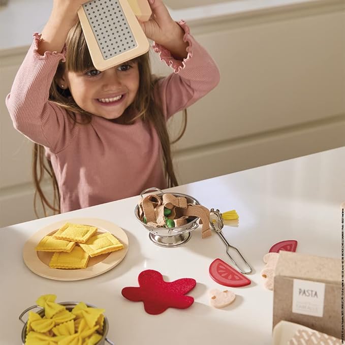 Janod - Pasta Mix - Pasta Set - Pretend Play Kitchen & Tea Set Toy - 58 Wooden, Cardboard and Felt Pieces Included - Water-Based Paints - 3 Years + J06598