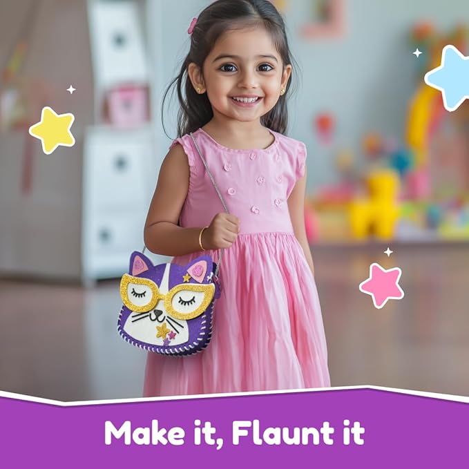 Bloomingo Art & Craft Kit - Kitty Sling Bag: Fun Mess Free Arts & Craft Kit for Kids; Design Your Own Cute DIY Craft Bag; Birthday Gift for Girls and Boys of Multicolor