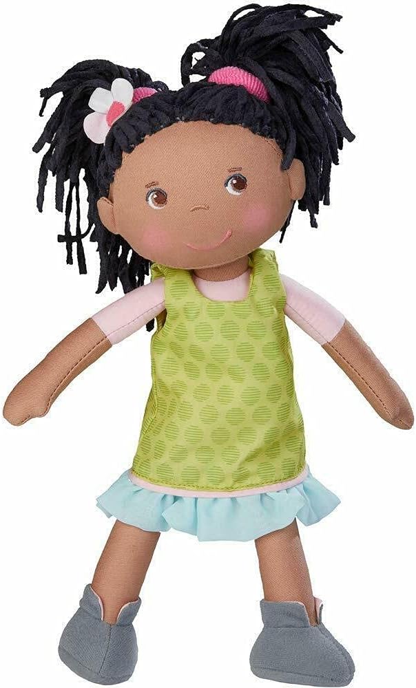 HABA Cari 12" Soft Doll - Machine Washable with Green Dress, Embroidered Face, Brown Eyes and Black Pigtails