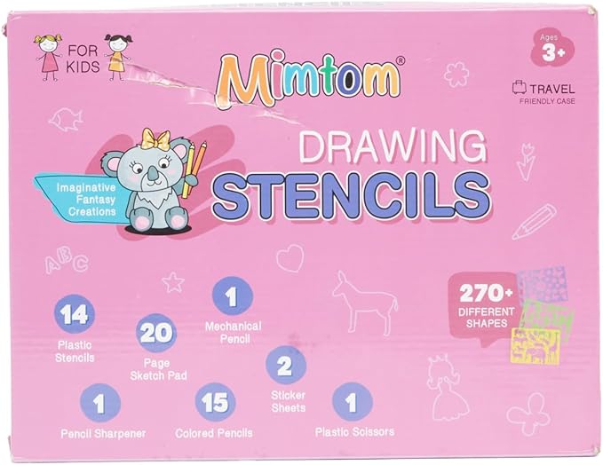 Mimtom Drawing Stencil Kit for Kids, 51 PC Art Set with 270+ Shapes, Sketch Pad, and Colored Pencils for Child's DIY Arts and Crafts, Draw with Princess, Fairies and Animal Stencils, Pink