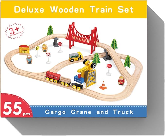 Tiny Land 55PCS Wooden Train Set - Compatible with Major Brand Tracks, Educational Toy for Toddlers & Kids Ages 3-7, Durable Wooden Railway Tracks