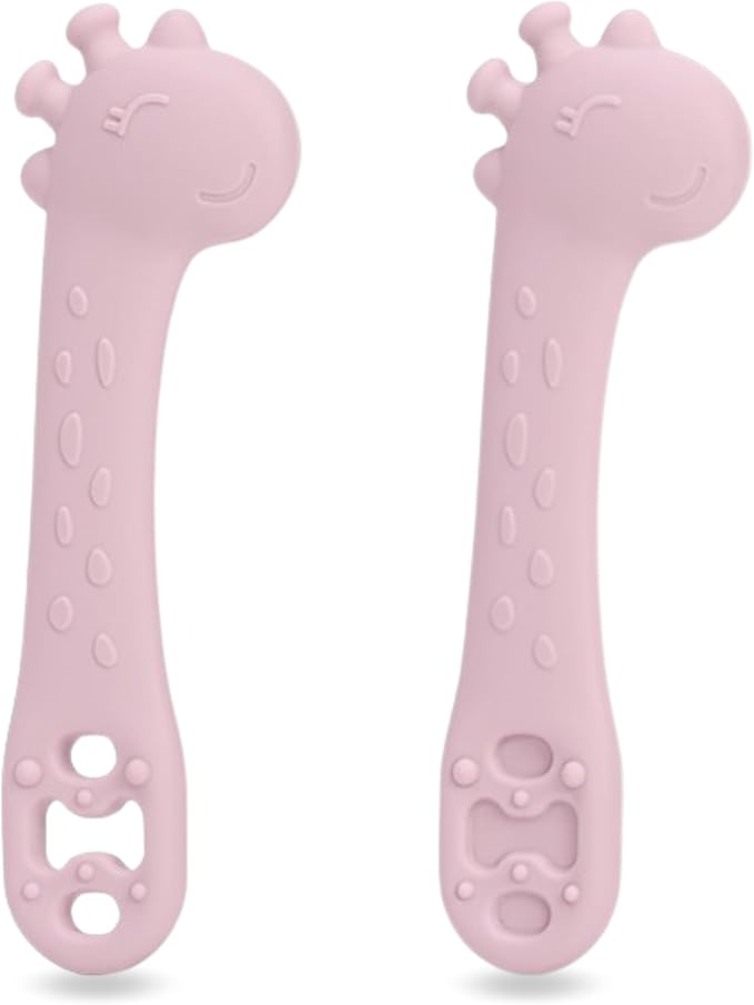 Silicone Giraffe Baby Spoon and Teether BPA Free Soft Tip Utensils for Baby Led Weaning Self Feeding and Teething Relief Dishwasher Safe Easy to Hold Infant Training Spoon Set for 6+ Months 2 Pack