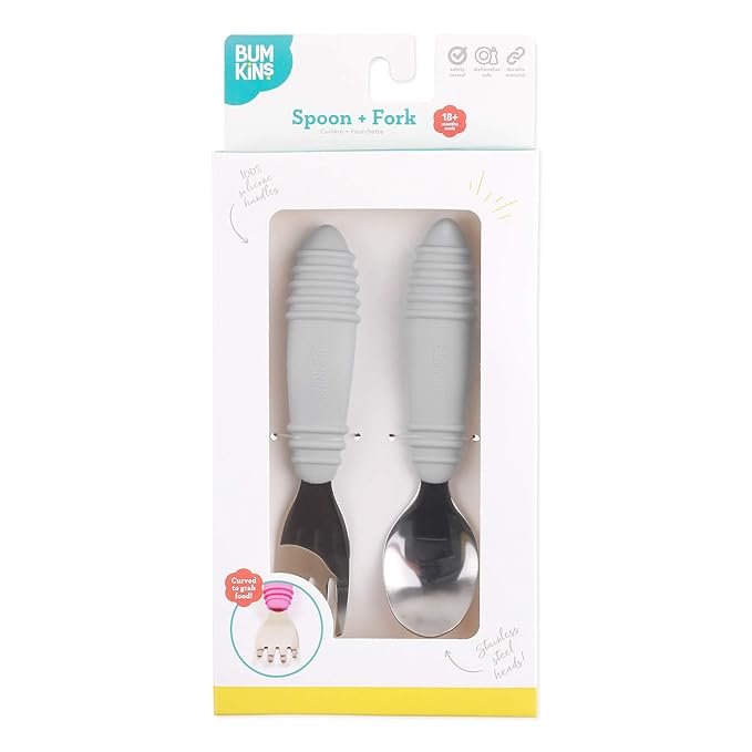 Bumkins Toddler Utensils, Kids Size Fork and Spoon Set, Silicone and Stainless-Steel Training Silverware, Angled Forks / Sporks for Self-Feeding, Children Hold Learning to Eat, 18 Months Up, Gray