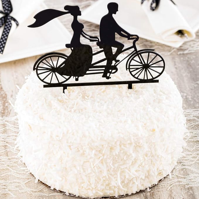 Restaurantware Top Cake Bride And Groom Cake Topper 1 Romantic Silhouette Wedding Cake Topper - For Anniversaries Or Engagement Parties Couple On Tandem Bike Black Acrylic Wedding Cake Topper